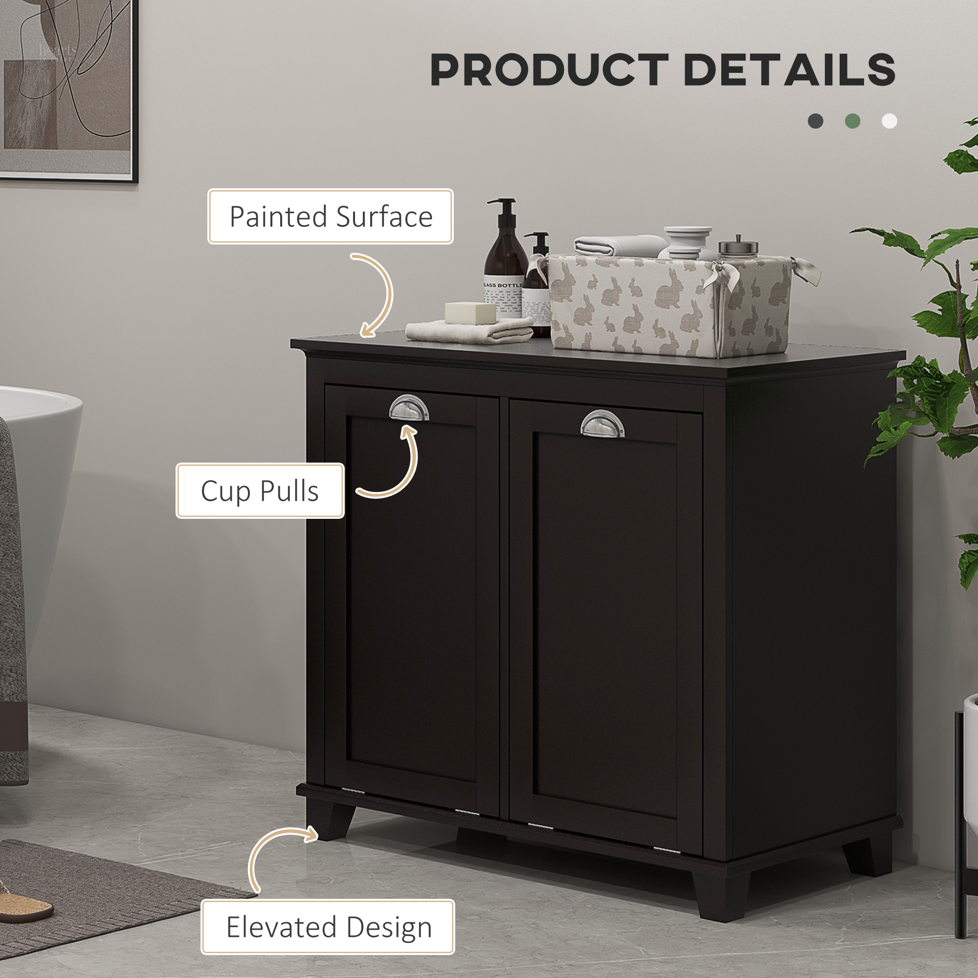 Bathroom Storage Cabinet, Tilt-Out Laundry Hamper with 2 Compartments, Black - Image 5