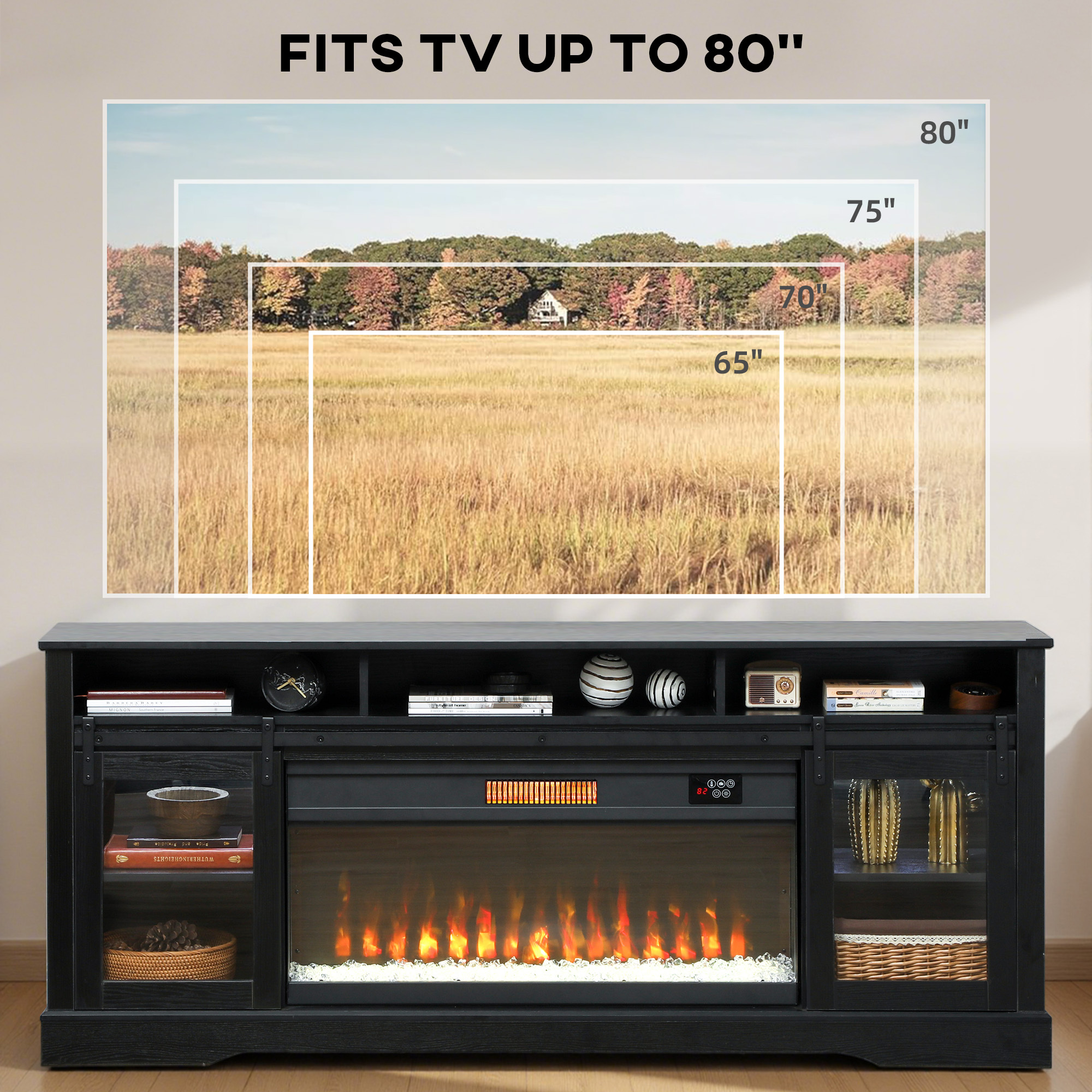 Fireplace TV Stand for TVs Up to 80 Inch, TV Console with Electric Fireplace, Open Storage and Side Cabinets, Black - Image 3