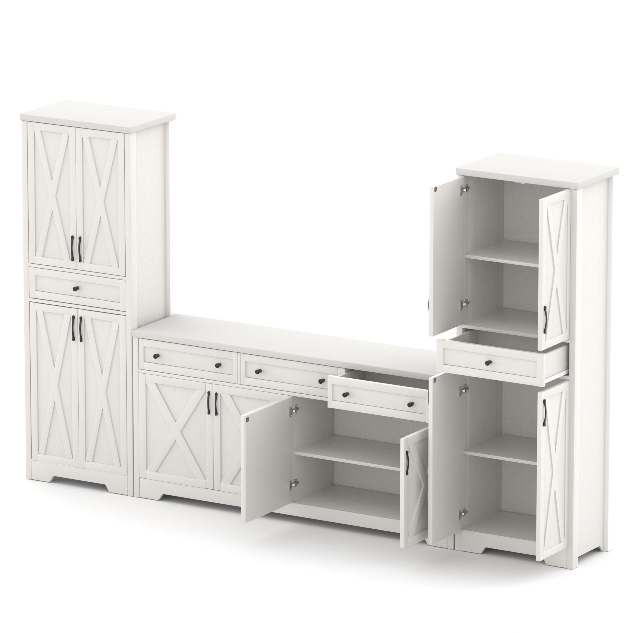 TV Cabinet Set Multifunctional TV Wall, One TV Cabinet And Two Sideboards For Living Room, White, 113.5L X 15W X 68H. - Image 4