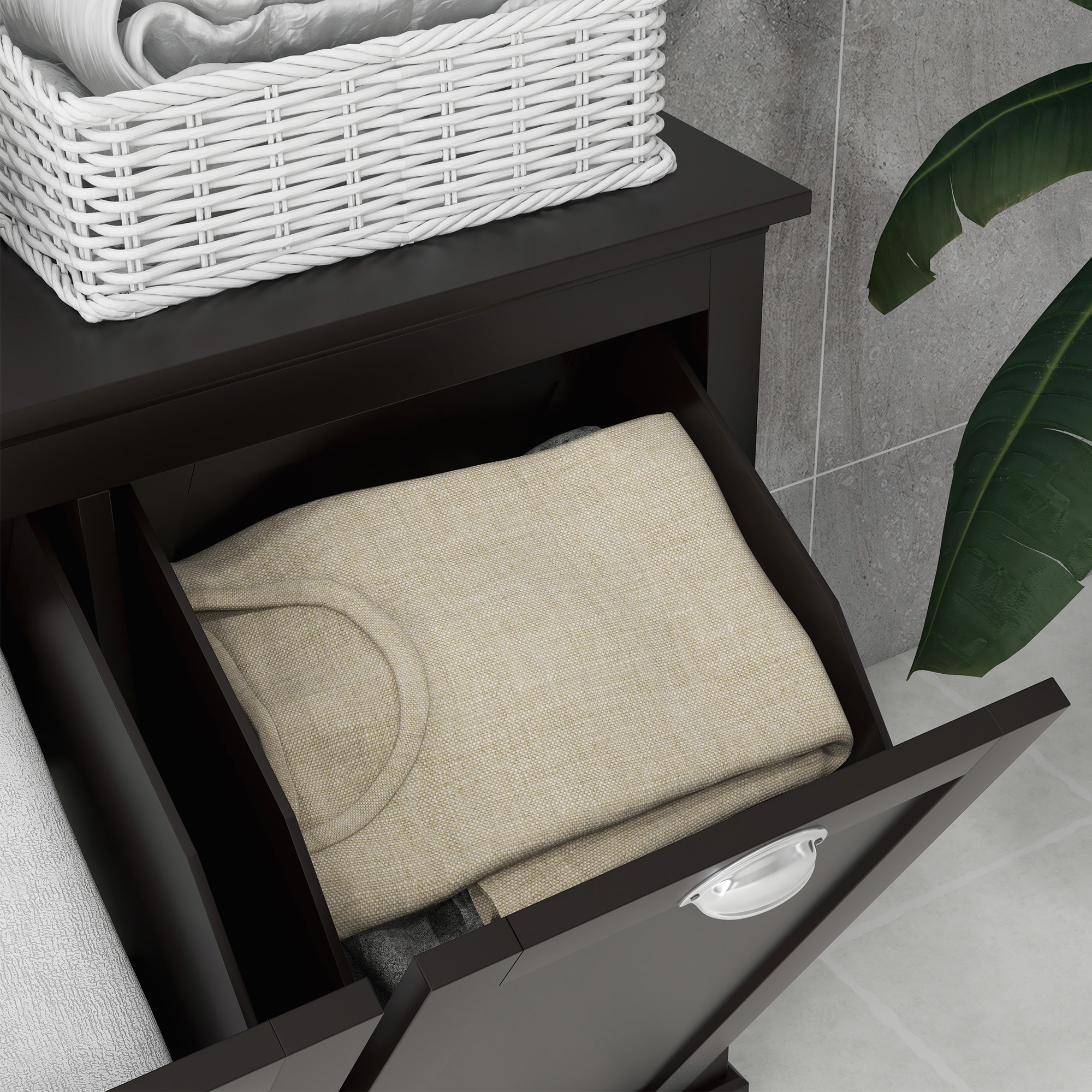 Bathroom Storage Cabinet, Tilt-Out Laundry Hamper with 2 Compartments, Black - Image 4