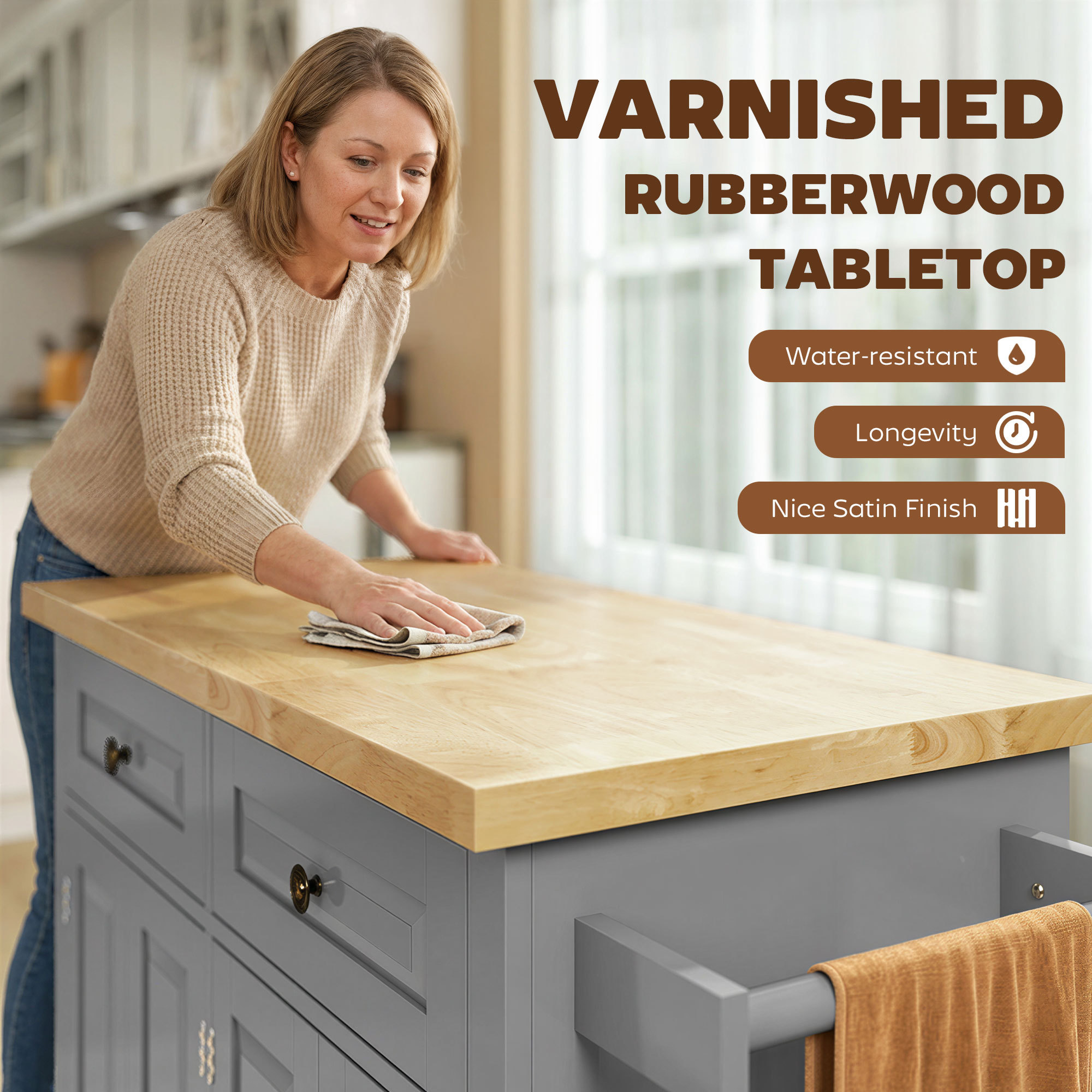 Kitchen Island Cart with Rubber Wood Top, Rolling Kitchen Island Table on Wheels with Drawers, Adjustable Shelves, Spice Rack and Towel Rack for Dining Room, Gray - Image 3