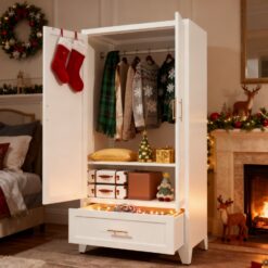 60inch Tall Metal Wardrobe Cabinet With 1 Drawer And Hanging Rod, 2 Doors Wardrobe Closet With Shelf For Bedroom, Office, Laundry Room,Entryway ,Foyer,Guesthouse White