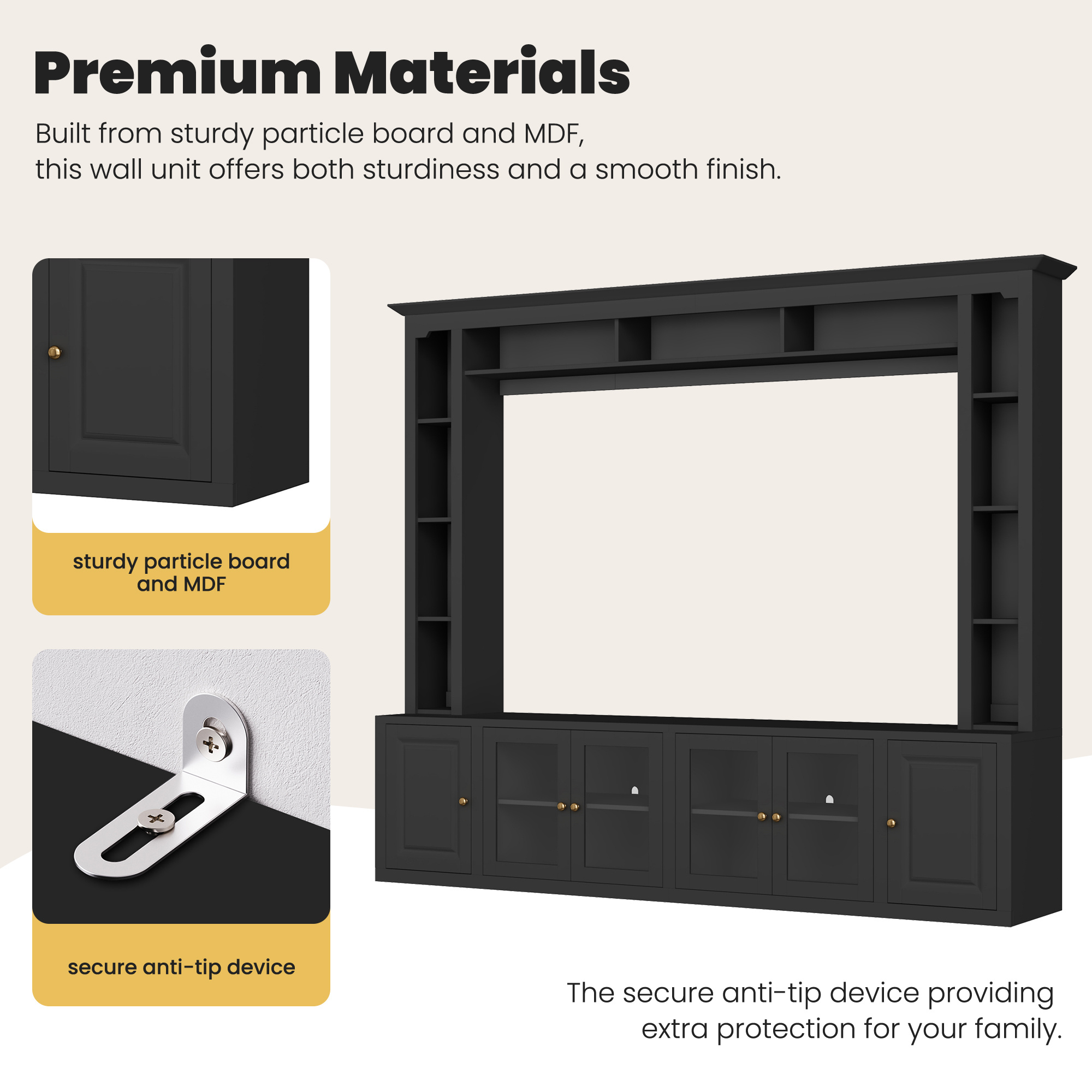 4-Piece Modern Entertainment Center Wall Unit With Bookshelves, All-in-1 Large TV Stand With Tempered Glass Door For TVs Up To 80, 92inch Media Console With Adjustable Shelves For Living Room, Black - Image 6