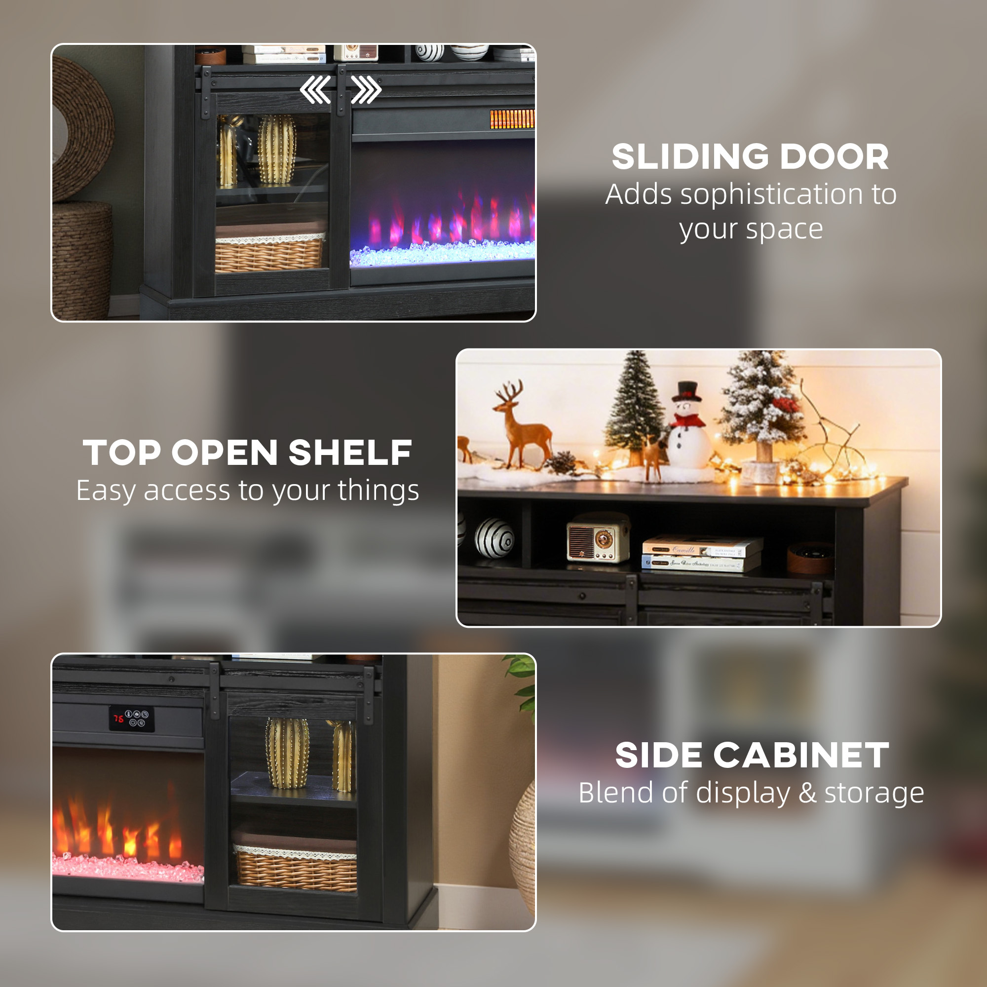 Fireplace TV Stand for TVs Up to 80 Inch, TV Console with Electric Fireplace, Open Storage and Side Cabinets, Black - Image 5
