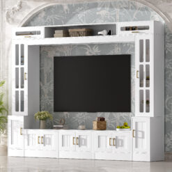 VIBE HAUS 98.4 W Wall Unit Entertainment Center With Bookshelves For TVs Up To 80, Modern TV Stand Media Console With Cabinets, Tempered Glass Doors And Adjustable Shelves For Living Room