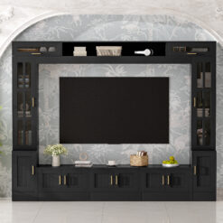 Alternative view of VIBE HAUS 98.4 W Wall Unit Entertainment Center With Bookshelves For TVs Up To 80, Modern TV Stand Media Console With Cabinets, Tempered Glass Doors And Adjustable Shelves For Living Room