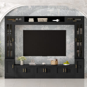 Alternative view of VIBE HAUS 98.4 W Wall Unit Entertainment Center With Bookshelves For TVs Up To 80, Modern TV Stand Media Console With Cabinets, Tempered Glass Doors And Adjustable Shelves For Living Room