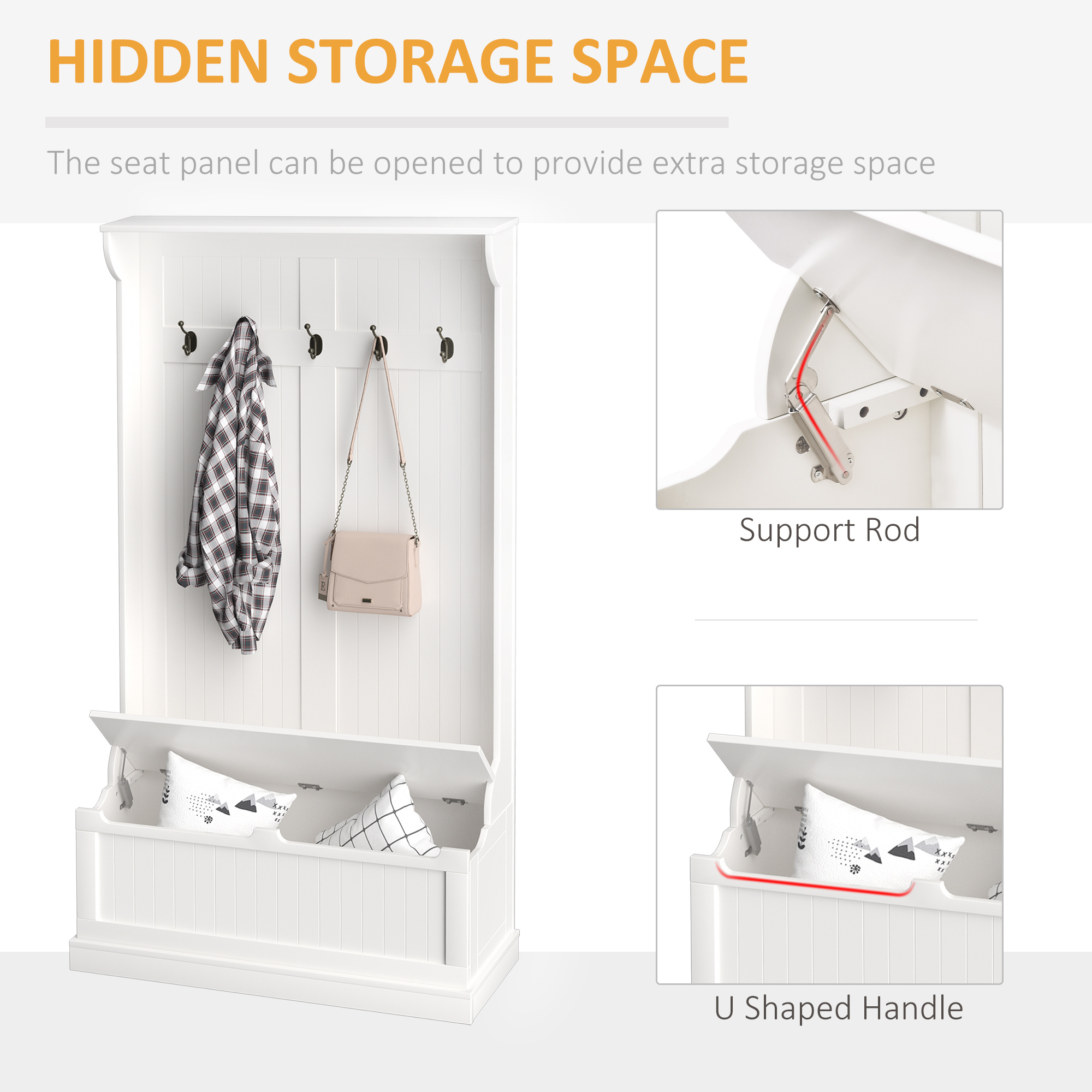 3-In-1 Entryway Bench with Coat Rack, Hall Tree with Bench and Shoe Storage, 5 Hooks for Hallway Cream White - Image 4