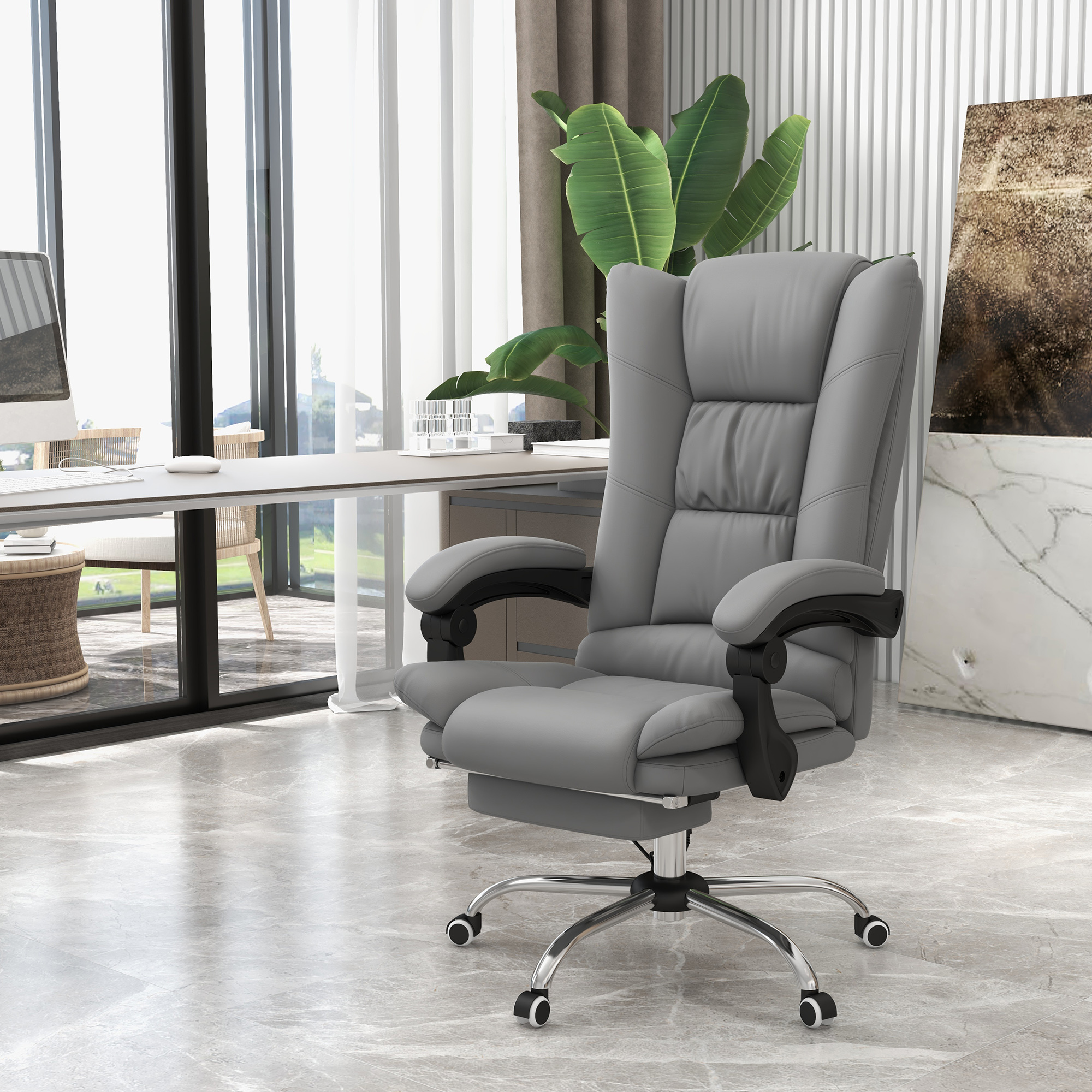 PU Leather Executive Massage Office Chair with 4 Vibration, Computer Desk Chair, Heated Reclining Chair with Adjustable Height, Swivel Wheels, Gray - Image 8
