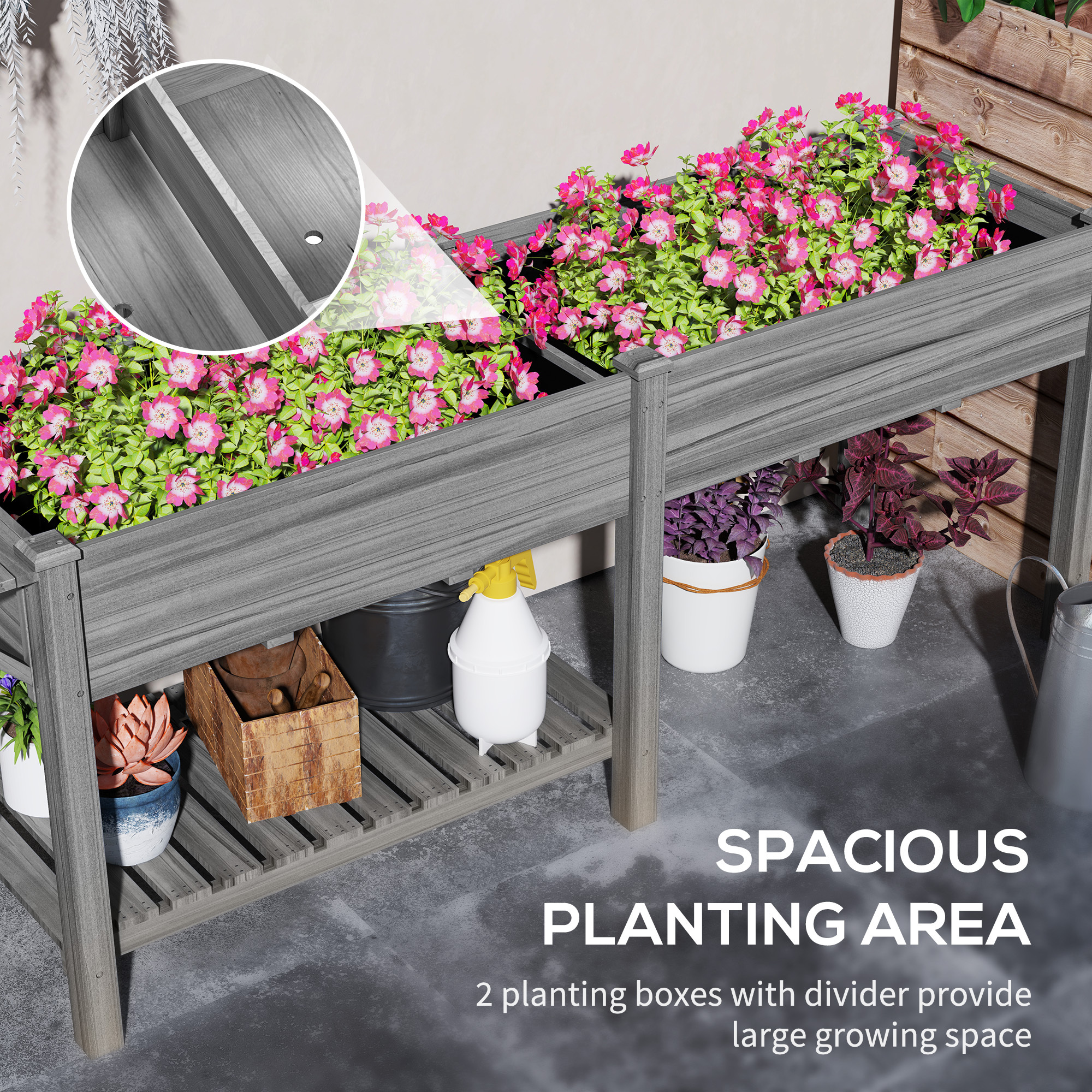 Wood Raised Garden Box, Elevated Garden Bed with Side Table, Bottom Shelf, Bed Liners and Drainage Holes, Gray - Image 4