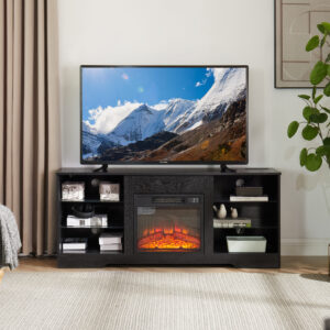 Alternative view of TV Stand Electric Fireplace  Glass Shelves, 3D Fireplace TV Stand With LED Lights Wood With USB Charging Outlet Modern Television Table Center For TV Up To 62 Black 58Wx15.5Dx24.4