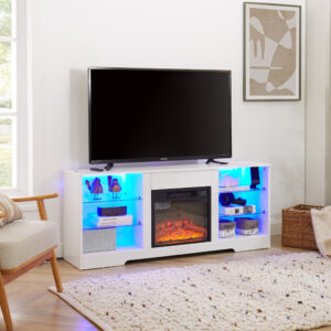 Alternative view of TV Stand Electric Fireplace  Glass Shelves, 3D Fireplace TV Stand With LED Lights Wood With USB Charging Outlet Modern Television Table Center For TV Up To 62 White, 58Wx15.5Dx24.4
