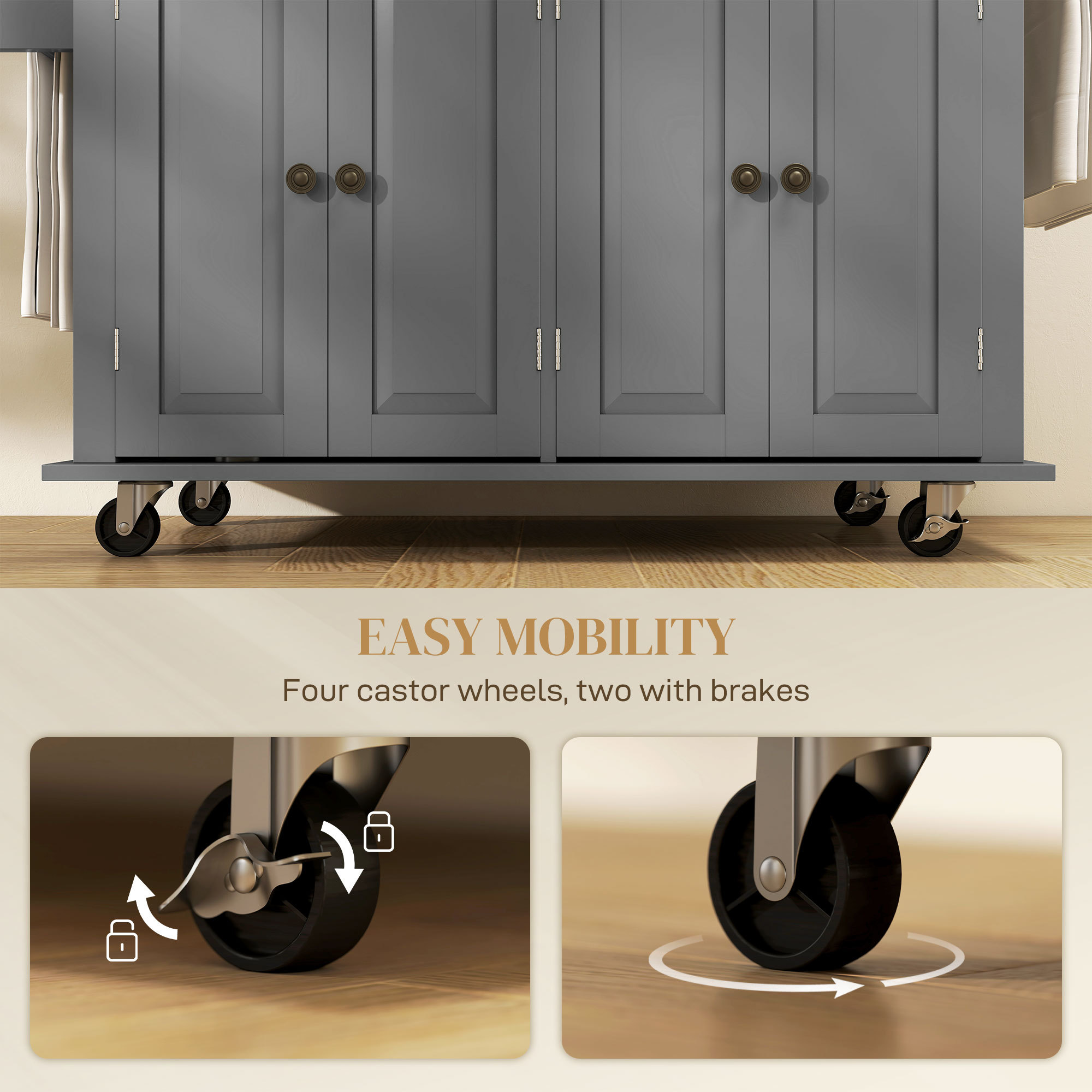 Kitchen Island Cart with Rubber Wood Top, Rolling Kitchen Island Table on Wheels with Drawers, Adjustable Shelves, Spice Rack and Towel Rack for Dining Room, Gray - Image 4