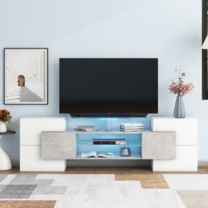 Alternative view of ON-TREND Unique Shape TV Stand With 2 Illuminated Glass Shelves, High Gloss Entertainment Center For TVs Up To 88, Versatile TV Cabinet With LED Color Changing Lights For Living Room, Grey