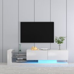 TV Console With Storage Cabinets, Full RGB Color 31 Modes Changing Lights Remote RGB LED TV Stand, Modern Entertainment Center White For 75 Inches TV