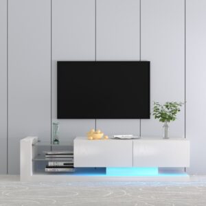 TV Console With Storage Cabinets, Full RGB Color 31 Modes Changing Lights Remote RGB LED TV Stand, Modern Entertainment Center White For 75 Inches TV
