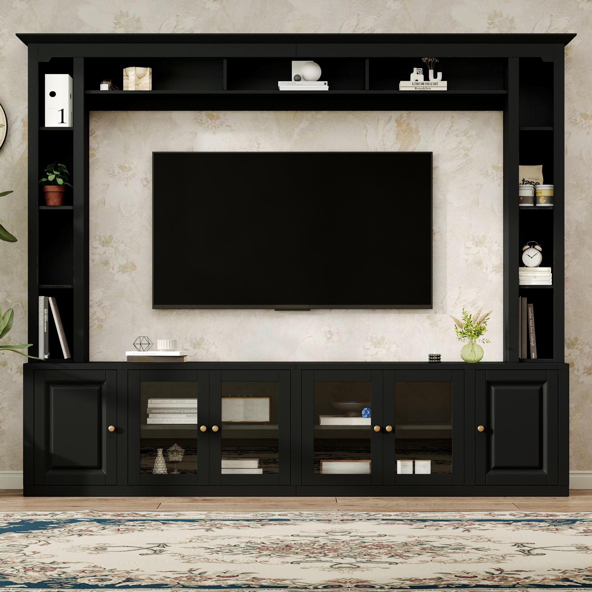 4-Piece Modern Entertainment Center Wall Unit With Bookshelves, All-in-1 Large TV Stand With Tempered Glass Door For TVs Up To 80, 92inch Media Console With Adjustable Shelves For Living Room, Black - Image 4