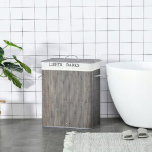 Alternative view of Bamboo Laundry Basket with Lid and String Handles, Collapsible Laundry Hamper with 2 Removable Bags, Gray