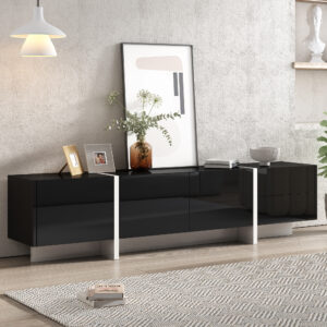 Alternative view of ON-TREND White & Black Contemporary Rectangle Design TV Stand, Unique Style TV Console Table For TVs Up To 80'', Modern TV Cabinet With High Gloss UV Surface For Living Room.