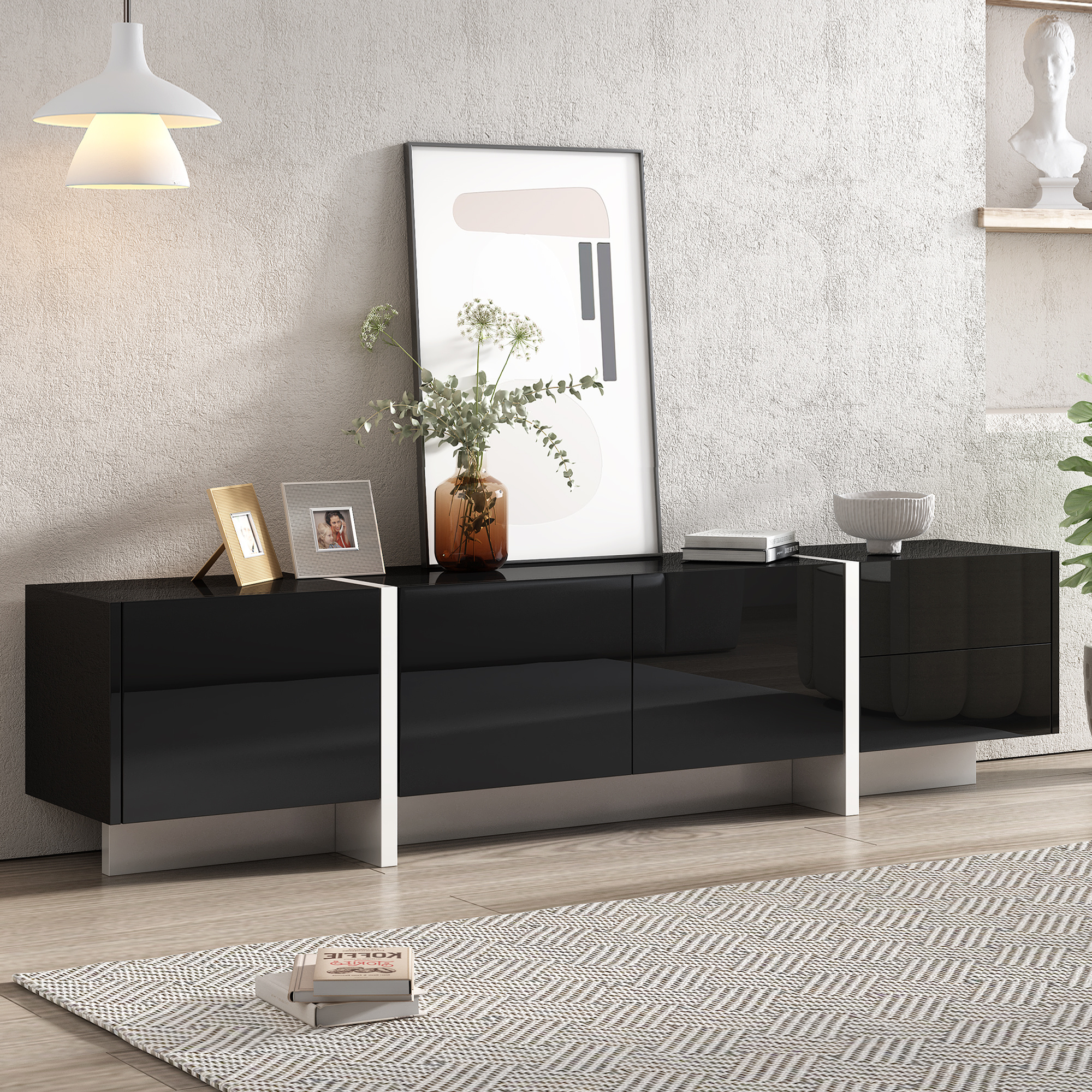 ON-TREND White & Black Contemporary Rectangle Design TV Stand, Unique Style TV Console Table For TVs Up To 80'', Modern TV Cabinet With High Gloss UV Surface For Living Room. - Image 2