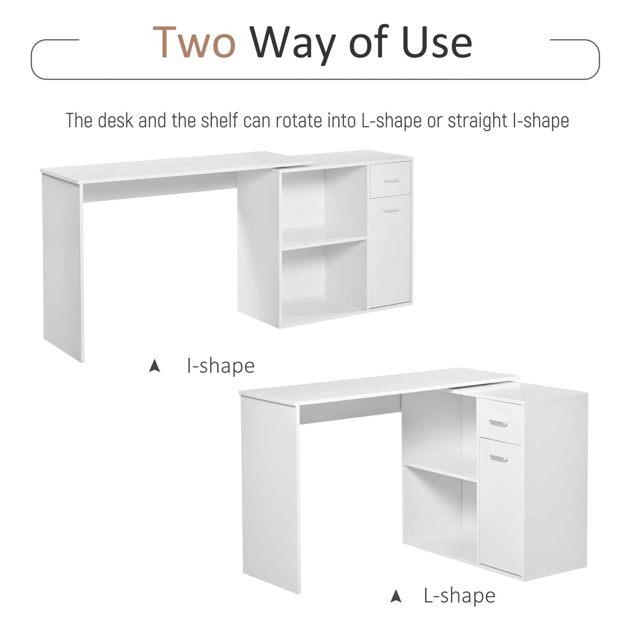 L Shaped Computer Desk, 180° Rotating Corner Desk with Storage Shelves, Drawer and Cabinet, Study Workstation for Home Office, White - Image 2