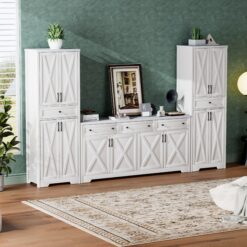 TV Cabinet Set Multifunctional TV Wall, One TV Cabinet And Two Sideboards For Living Room, White, 113.5L X 15W X 68H.
