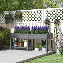 Wood Raised Garden Box, Elevated Garden Bed with Side Table, Bottom Shelf, Bed Liners and Drainage Holes, Gray