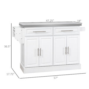 Alternative view of Rolling Kitchen Island Cart with Wheels, Portable Island Table for Kitchen with Stainless Steel Top, Adjustable Shelves, 2 Drawers, Spice, Knife and Towel Rack, White