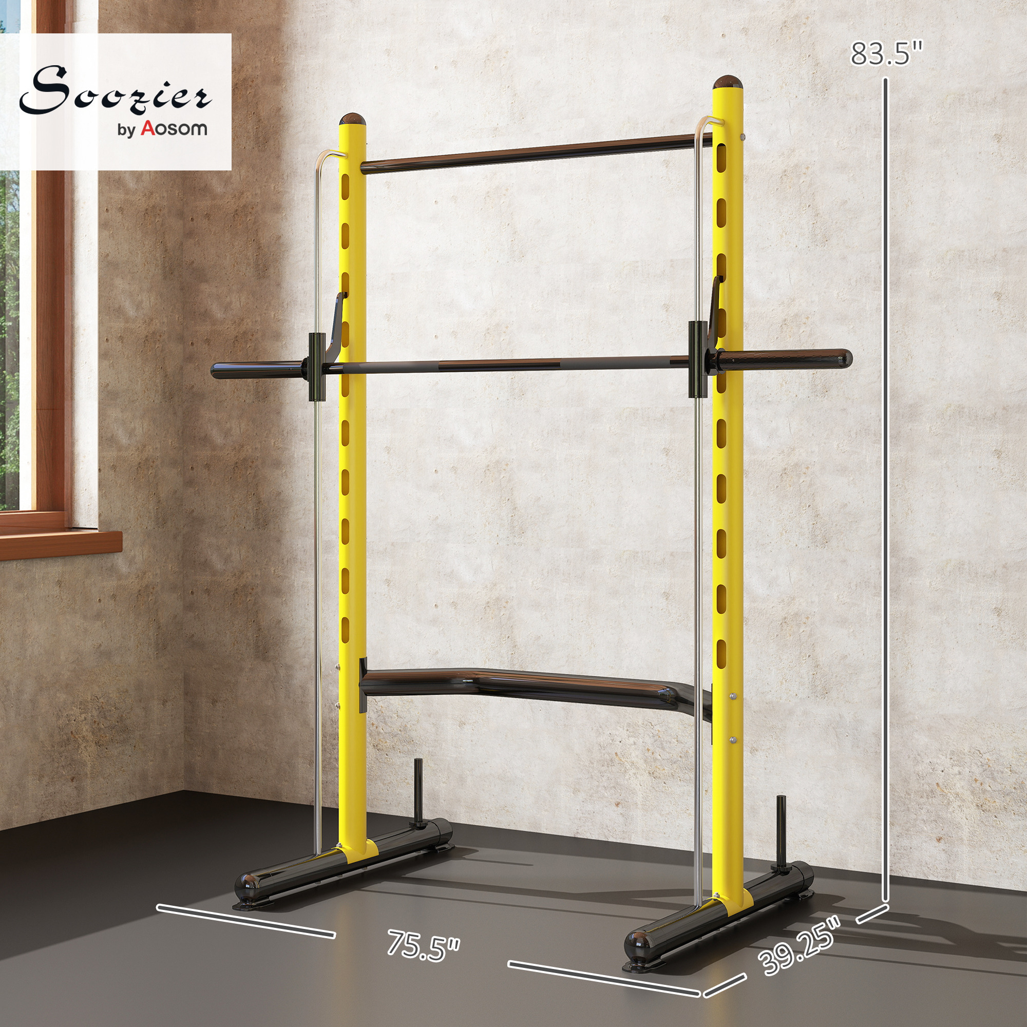 Squat Rack with Pull Up Bar and Barbell Bar Adjustable Bench Press Multi-Function Weight Lifting Half Rack, Yellow - Image 5
