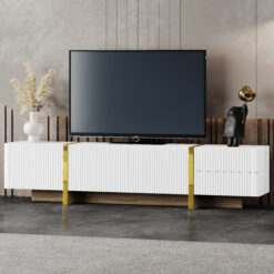 ON-TREND Luxury Fluted TV Stand For TVs Up To 80'', Modern Entertainment Center With Storage Cabinets & Drawers, Smooth Media Console With Golden Wood Grain Legs For Living Room, White