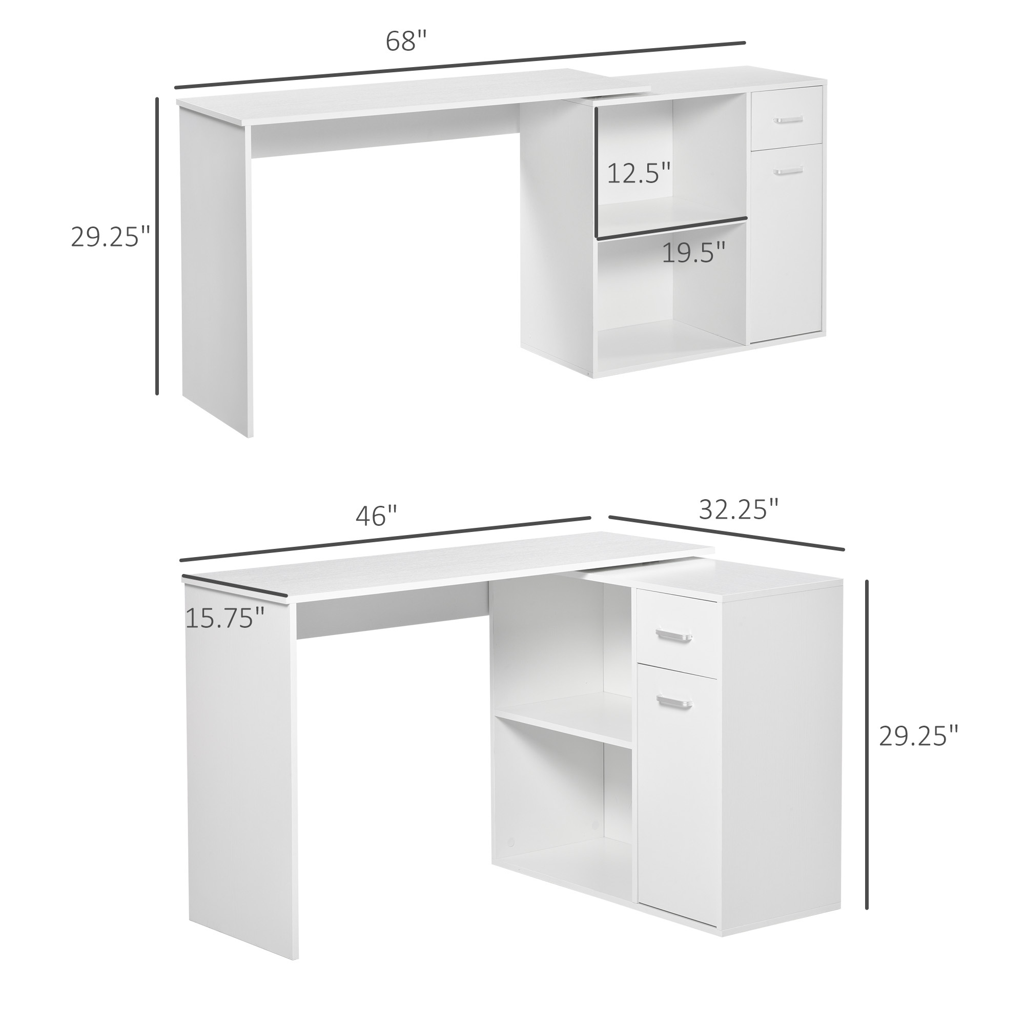 L Shaped Computer Desk, 180° Rotating Corner Desk with Storage Shelves, Drawer and Cabinet, Study Workstation for Home Office, White - Image 4