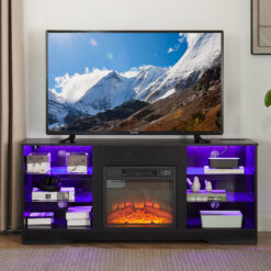 TV Stand Electric Fireplace  Glass Shelves, 3D Fireplace TV Stand With LED Lights Wood With USB Charging Outlet Modern Television Table Center For TV Up To 62 Black 58Wx15.5Dx24.4