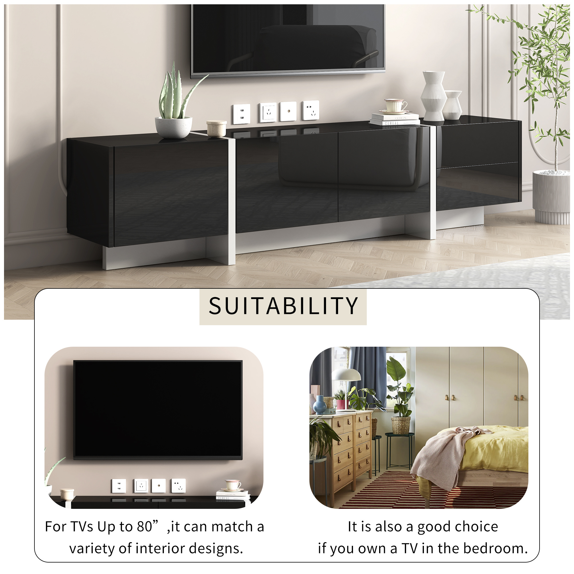 ON-TREND White & Black Contemporary Rectangle Design TV Stand, Unique Style TV Console Table For TVs Up To 80'', Modern TV Cabinet With High Gloss UV Surface For Living Room. - Image 3