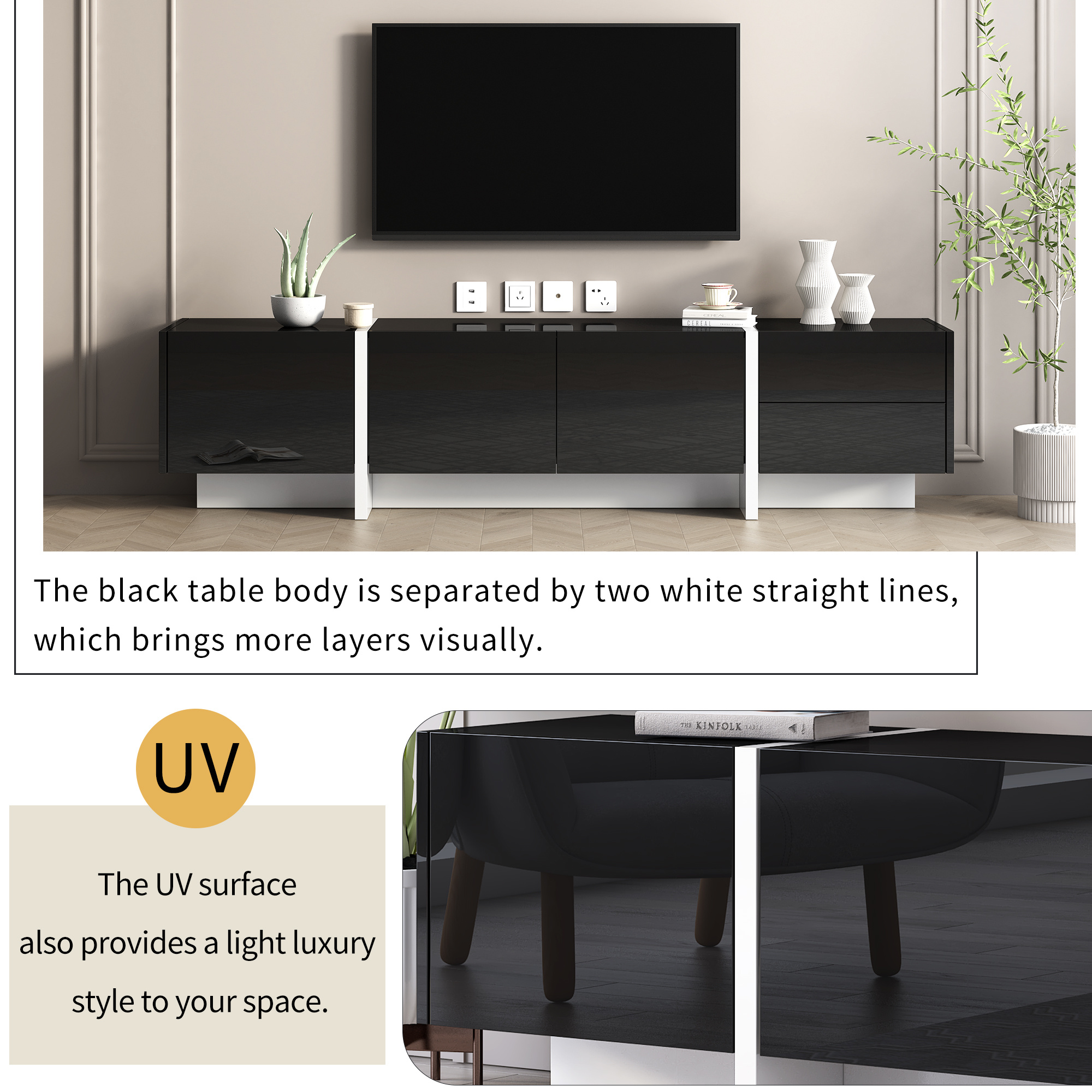 ON-TREND White & Black Contemporary Rectangle Design TV Stand, Unique Style TV Console Table For TVs Up To 80'', Modern TV Cabinet With High Gloss UV Surface For Living Room. - Image 4