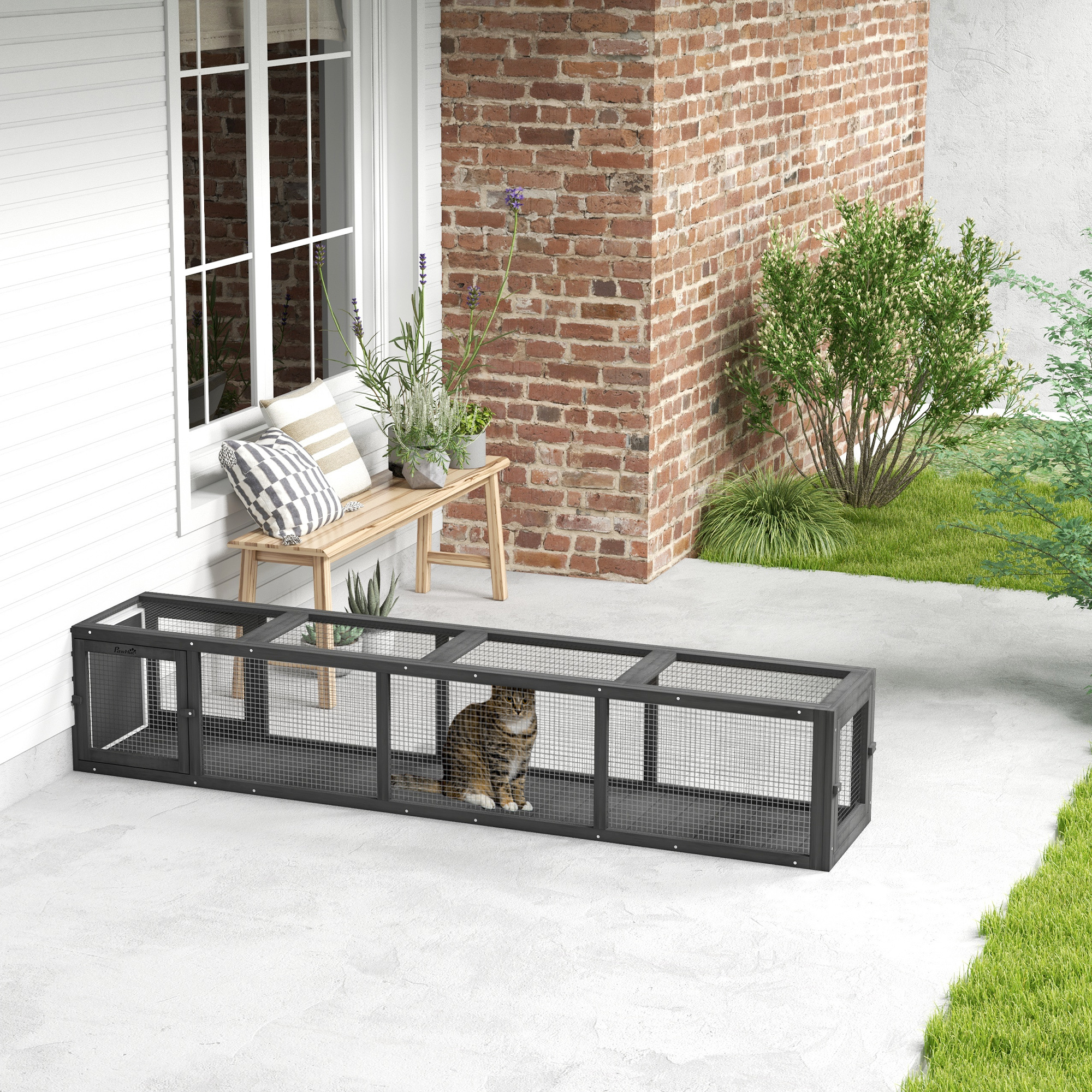 Wooden Cat Run with Weather Protection, Connecting Inside and Outside, 79"L x 15"W x 15"H, Dark Gray - Image 5