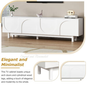 Alternative view of ON-TREND Graceful TV Stand With Arch Cabinets For TVs Up To 78'', Minimalist Entertainment Center With Solid Wood Legs, Practical Media Console With Adjustable Shelves For Living Room, White