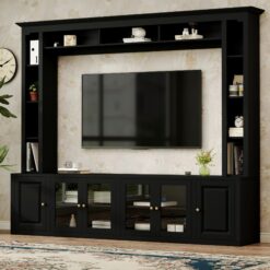 4-Piece Modern Entertainment Center Wall Unit With Bookshelves, All-in-1 Large TV Stand With Tempered Glass Door For TVs Up To 80, 92inch Media Console With Adjustable Shelves For Living Room, Black