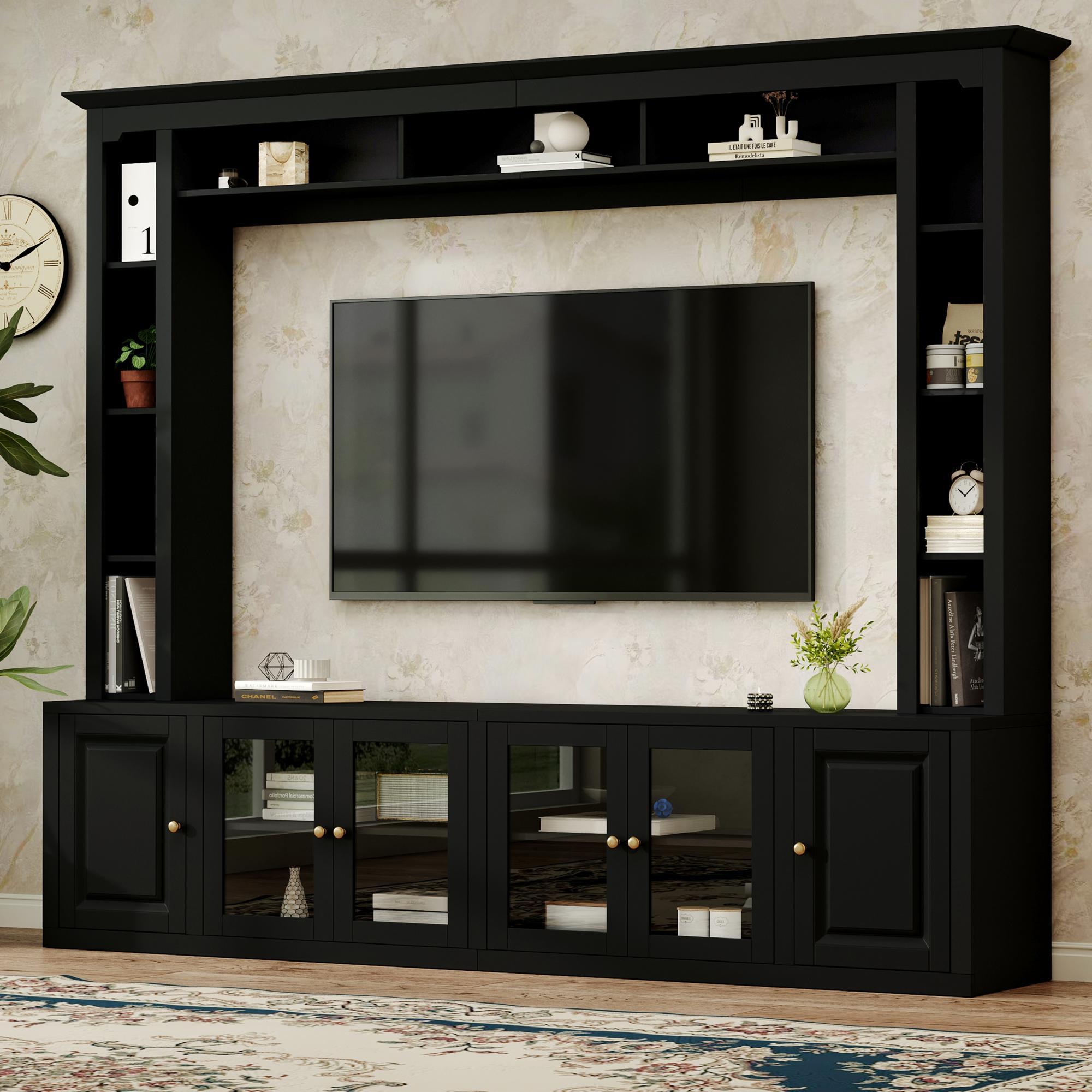 4-Piece Modern Entertainment Center Wall Unit With Bookshelves, All-in-1 Large TV Stand With Tempered Glass Door For TVs Up To 80, 92inch Media Console With Adjustable Shelves For Living Room, Black