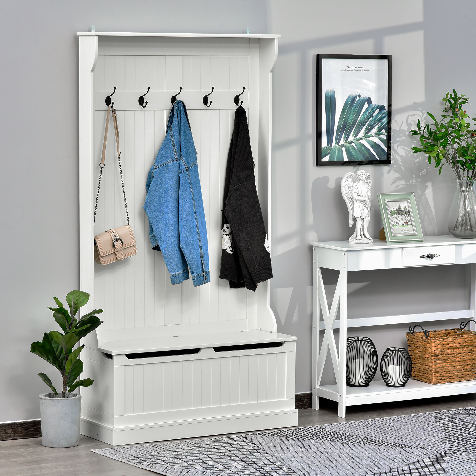 3-In-1 Entryway Bench with Coat Rack, Hall Tree with Bench and Shoe Storage, 5 Hooks for Hallway Cream White - Image 8