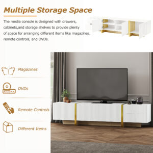 Alternative view of ON-TREND Luxury Fluted TV Stand For TVs Up To 80'', Modern Entertainment Center With Storage Cabinets & Drawers, Smooth Media Console With Golden Wood Grain Legs For Living Room, White