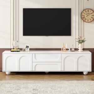 ON-TREND Cream Style TV Stand With Arched Doors  2 Drawers For TVs Up To 75, Minimalist Media Console With Rebound Device, Entertainment Center With 5 Iron Round Legs For Living Room, Bedroom, White