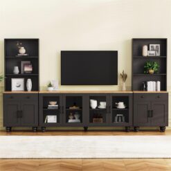 ON-TREND Farmhouse TV Stand With Solid Wood Gourd-Shaped Legs For TVs Up To 70, Entertainment Center With Bookshelves & Tempered Glass Doors, Media Console With Adjustable Shelves, Living Room, Black