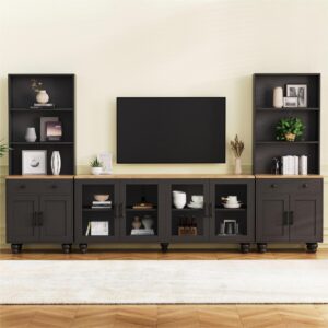 ON-TREND Farmhouse TV Stand With Solid Wood Gourd-Shaped Legs For TVs Up To 70, Entertainment Center With Bookshelves & Tempered Glass Doors, Media Console With Adjustable Shelves, Living Room, Black