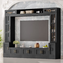 VIBE HAUS 98.4 W Wall Unit Entertainment Center With Bookshelves For TVs Up To 80, Modern TV Stand Media Console With Cabinets, Tempered Glass Doors And Adjustable Shelves For Living Room