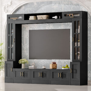 VIBE HAUS 98.4 W Wall Unit Entertainment Center With Bookshelves For TVs Up To 80, Modern TV Stand Media Console With Cabinets, Tempered Glass Doors And Adjustable Shelves For Living Room