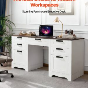 Alternative view of Executive Desk, Farmhouse Office Table With Charging Station, Heavy Duty Particle Board Executive Table With Storage Drawers, 200 LBS Load Capacity, Easy Assembly, For Work Study Writing, Walnut