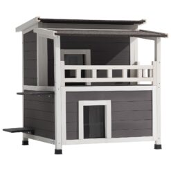 Insulated Cat House, 2-Story Wooden Cat Shelter, Foam Insulation, Feral Kitty Shelter With Balcony, Waterproof Cats Condos For Indoor & Outdoor 1-3 Cats In Winter 33 X 29.5 X 32 In