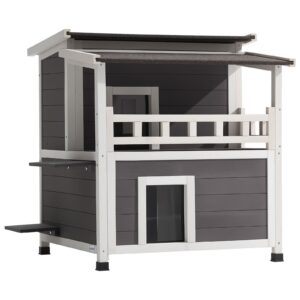 Insulated Cat House, 2-Story Wooden Cat Shelter, Foam Insulation, Feral Kitty Shelter With Balcony, Waterproof Cats Condos For Indoor & Outdoor 1-3 Cats In Winter 33 X 29.5 X 32 In