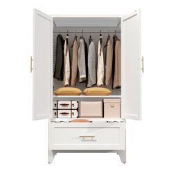 Alternative view of 60inch Tall Metal Wardrobe Cabinet With 1 Drawer And Hanging Rod, 2 Doors Wardrobe Closet With Shelf For Bedroom, Office, Laundry Room,Entryway ,Foyer,Guesthouse White