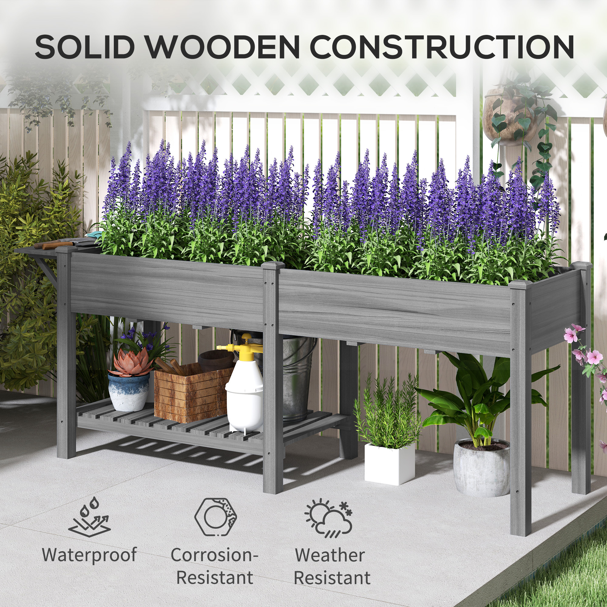Wood Raised Garden Box, Elevated Garden Bed with Side Table, Bottom Shelf, Bed Liners and Drainage Holes, Gray - Image 7